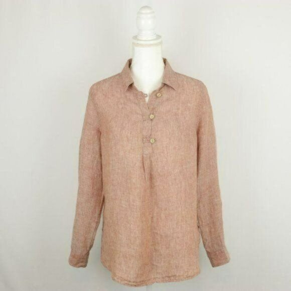Sigrid Olsen Women's Medium Red Beige 100% Linen Popover Long Sleeve Blouse - Picture 1 of 7